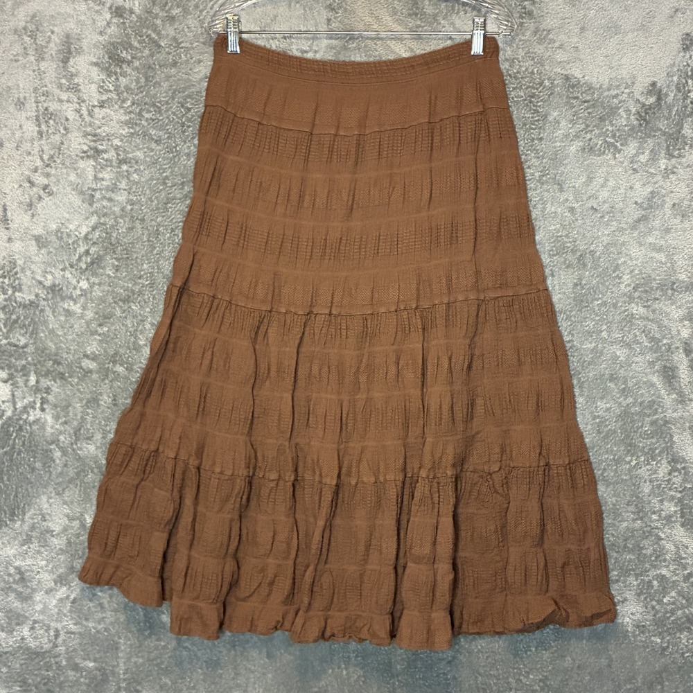 Max Studio Womens Crinkle Broomstick Midi Skirt S Brown Earthy Neutral Tiered